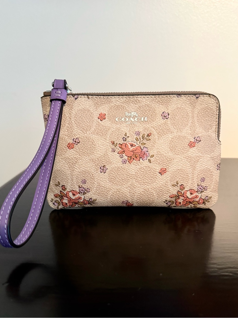 EUC Coach Signature Canvas Floral Corner Zip Wristlet